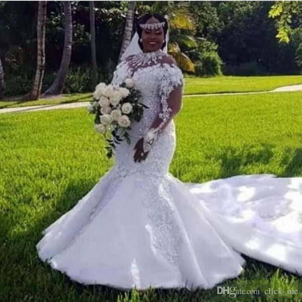 

african plus size wedding dresses sheer neckline beads sequins long sleeves mermaid wedding dress sweep train bridal gowns customized, White