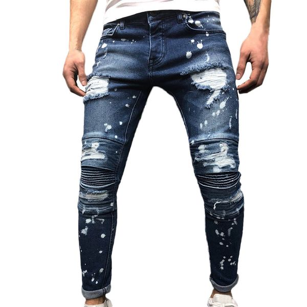 

ripped jeans for men's zipper denim jeans denim cotton straight ripped hole trousers distressed autumn pants drop shipping, Blue