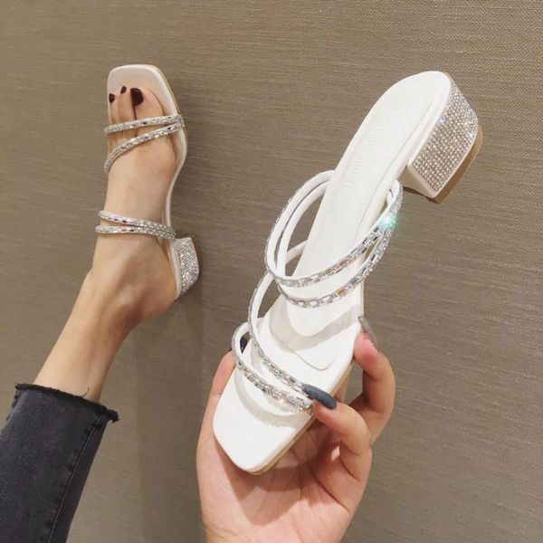 

shoes woman 2020 square heel glitter slides woman's slippers fashion med block jelly new soft crystal rubber pvc rome, Black