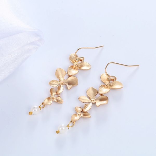 

vintage korean orchid flower faux pearl drop earring long dangling fashion infinity jewelry elegent gift for girls women ladies, Silver