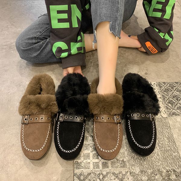 

korean shoes women's moccasins casual female sneakers round toe loafers fur slip-on flats 2019 new slip on dress winter slip-on, Black