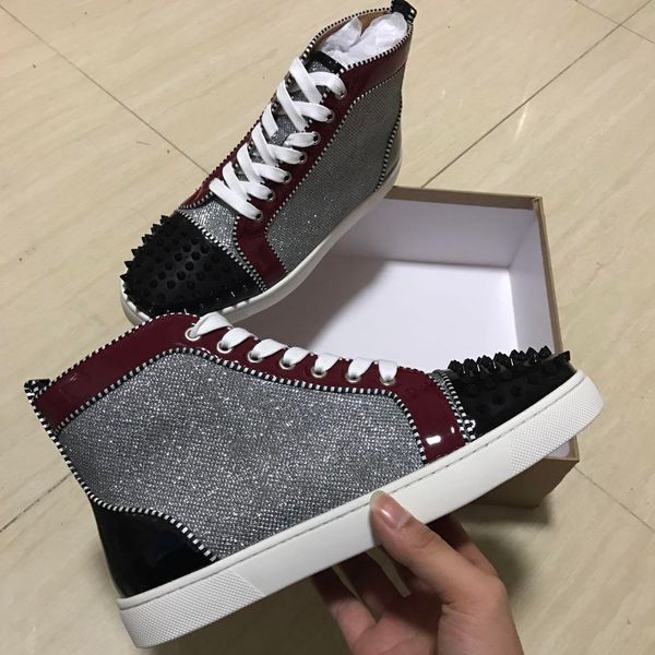 

new grey split shoes designer casual shoes 2019 wholesale fashion sneakers fashionable wire spikes flat high red bottom shoes, Black