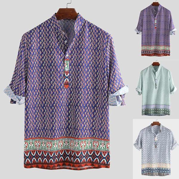 

2019 ethnic style print men shirt short sleeve stand collar casual loose vintage beach men hawaiian shirts camisa masculina, White;black