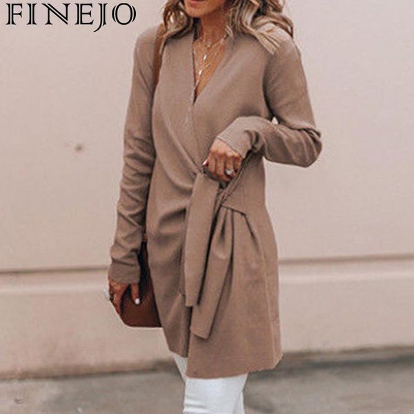 

women casual v-neck long sleeve solid front belt lace-up long coat spring, autumn v-neck, Tan;black