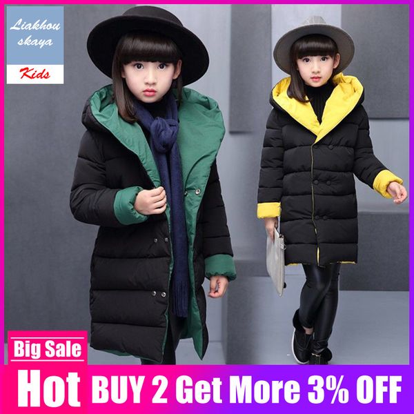 

2019 fashion teenage winter jacket for girls korean kids russian winter coats solid reversible wear warm thick clothes for 4-15y, Blue;gray