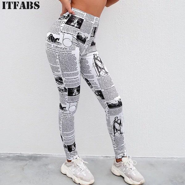 

women early autumn sport yoga pants letter newspaper print elastic high waist fitness gym wear stretch running jogging trouser, White;red