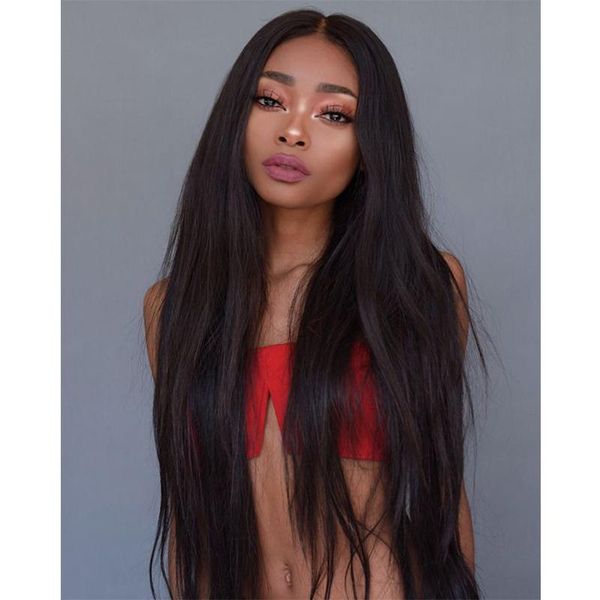 

13*4 lace front human hair wig long straight brazilian remy hair pre plucked hairline bleached knots natural color, Black