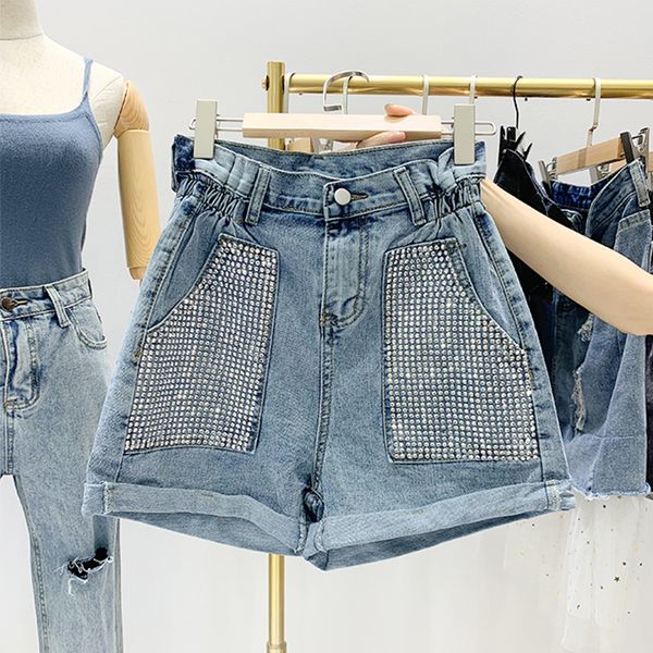

fmfssom new spring summer high waist rivet crimping women denim shorts casual loose straight korean bottoms button jeans shorts, Blue