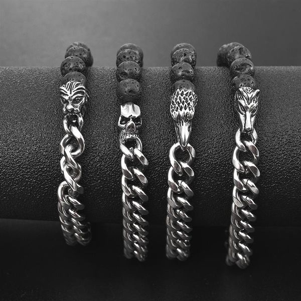 

gothic cool men jewelry bracelet stainless steel cuban link chain beaded yoga bracelets skull wolf eagle lion charms party gifts, Black