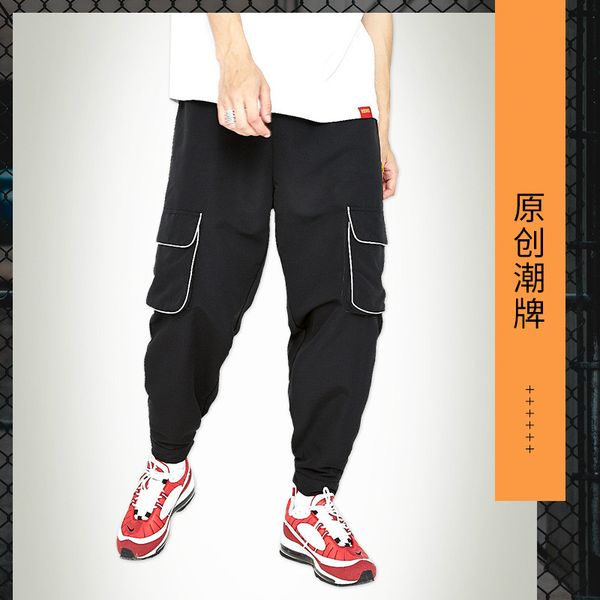 

original tide brand overalls men 2019 autumn new japanese style multi-pocket reflective striped casual pants, Black
