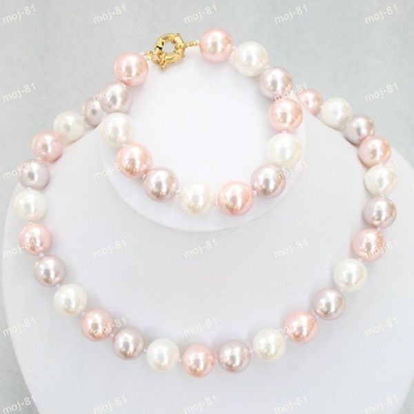 

12mm white pink purple mixed akoya shell pearl necklace + bracelet set, Black