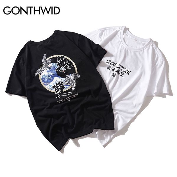 

gonthwid japanese embroidery crane waves printed short sleeve t shirts hip hop casual tshirts streetwear mens summer tees, White;black