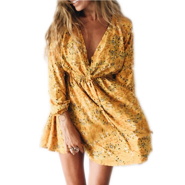 

Summer Floral Print Dress Women V Neck Long Sleeve Dresses Evening Party Beach Girls Sundress Female Short Mini Dress Vestidos