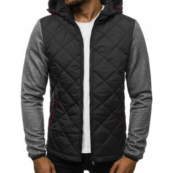 

oeak men's causal winter warm solid color argyle zipper hooed jacket coat mens diamond plaid stitching hooded cotton coat, Black