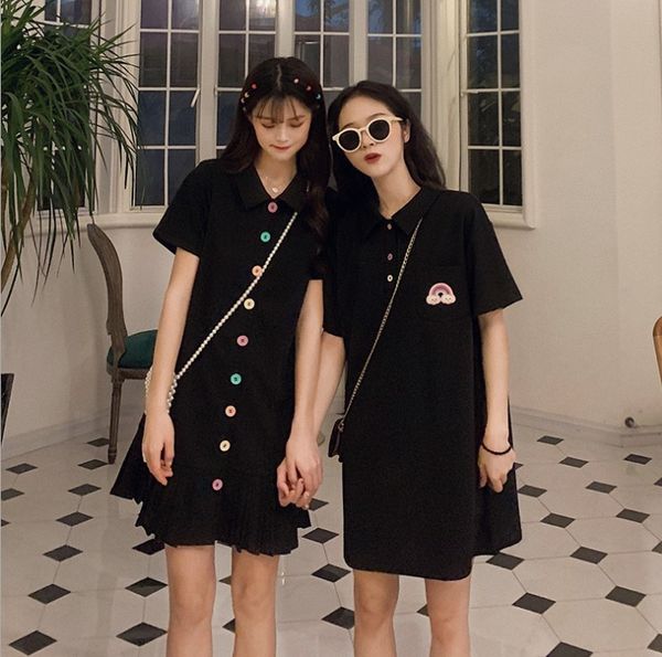 

honey dress female new students summer short-sleeved pleated dress women skirt polo collar dresses, Black;gray