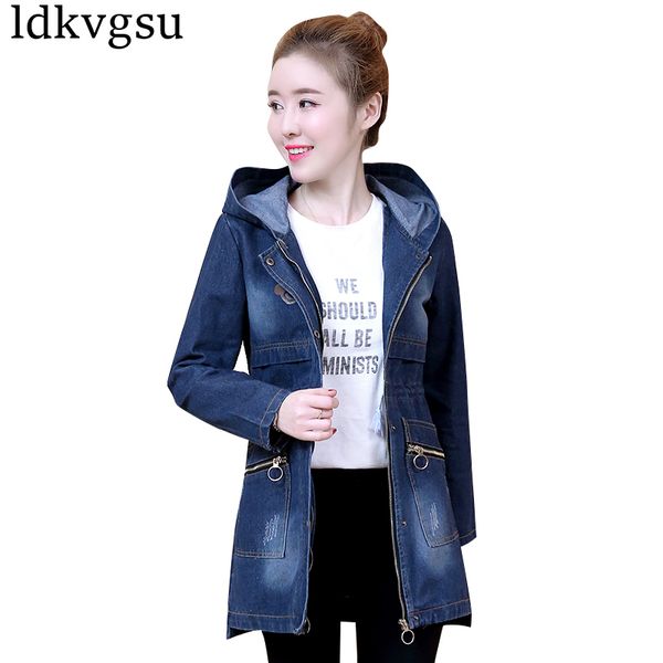

5xl 2019 new spring autumn korean long hooded slim thin denim jacket girls large size coats women long sleeve windbreaker a351, Tan;black