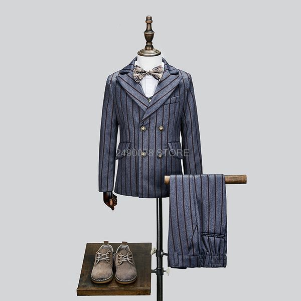

flower boys wedding suit gentleman kids formal tuxedo jacket vest pants 3pcs children performance host dance party dress costume, Blue
