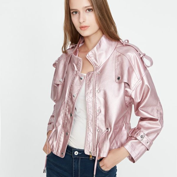 

2019 new arrival spring autumn women casual pu faux leather jackets lady fashion loose batwing sleeve coat outerwear pink, Black