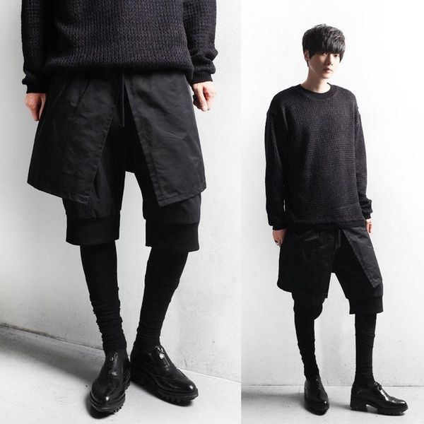 

cool men new stretch waist meggings layer shorts leggings combo pants trousers, Black