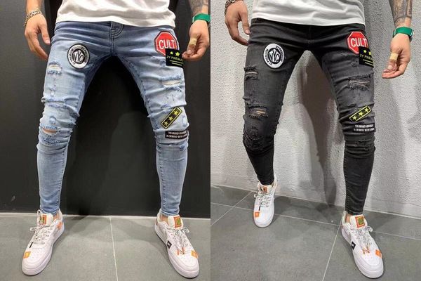 

explosion men's badge jeans designer fashion jeans new stretch slim men's jeans with letter pattern zipper fly skinny men size s-3, Blue