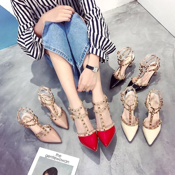 

europe and the united states 2019 spring and summer new rivets fine heels with high heels women's t buckle cat heels 6cm sandals, Black
