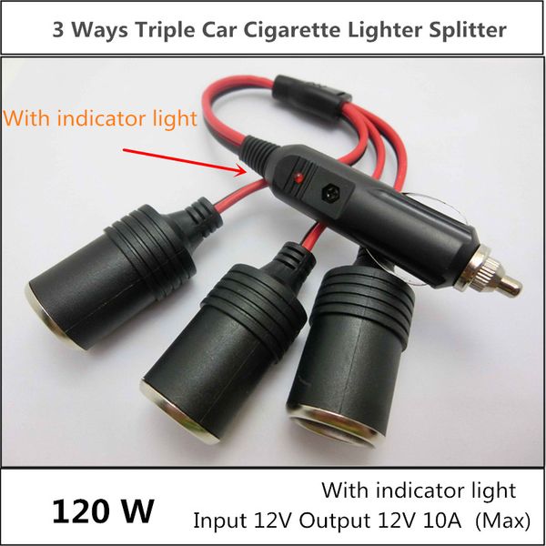 

120w 3 ways triple car cigarette lighter splitter female socket plug power adapter connector, input 12v 10a universal socket