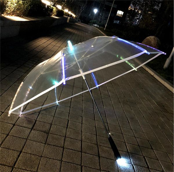 

7 colors changing color transparent umbrella glow led bright luminous clear long handle advertising umbrella adults kids umbrellas e3403, Red;brown