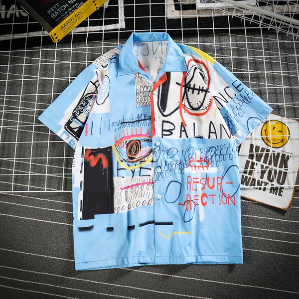 

men summer shirts blouse casual short sleeve beach shirts harajuku printed casual hip hop men dress camisa masculina, White;black