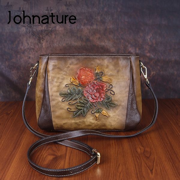 

johnature handmade embossing vintage women bag 2020 new genuine leather floral zipper cowhide luxury shoulder&crossbody bags