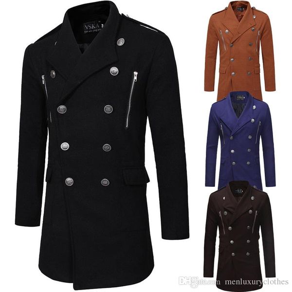 

mens designer double breasted wool blends trench long lapel neck pockets zipper design coats, Black