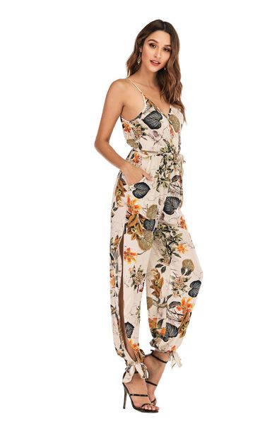 

Summer Women Jumpsuits Flora Printed Deep V Neck Rompers One Piece Suits Sleeveless Lady Backless Clothing