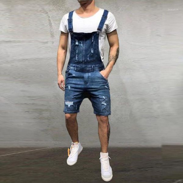 Homens jeans jumpsuits shorts 2021 verão moda oi rua angustiado denim bib macacões para homem suspender calças1