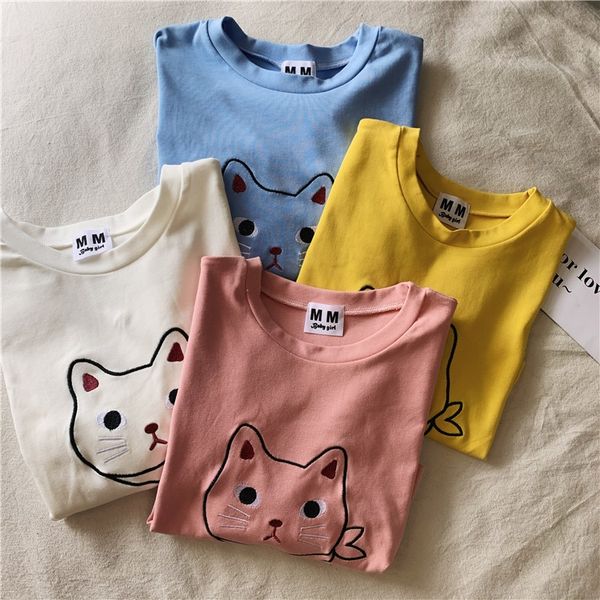 

round collar high waist short cute cartoon cat short sleeve female navel embroidery t-shirt embroidery dress t-shirt female fashion, White