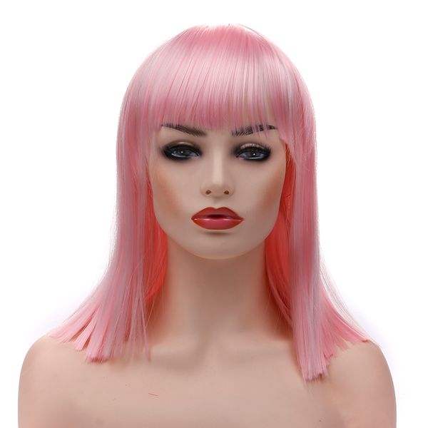 

wigs short straight with flat bangs natural looking heat resistant hair cosplay costume wigs 14 inches natural have 9 colors, Black