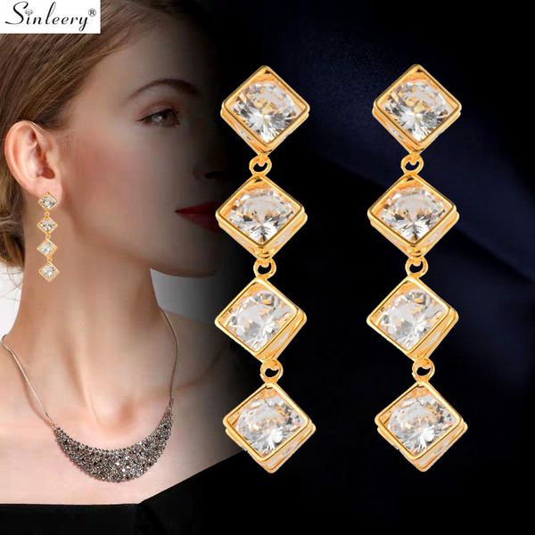 

sinleery chic connected square long drop earrings yellow gold silver color inlay clear crystal women earrings jewelry es668 ssd