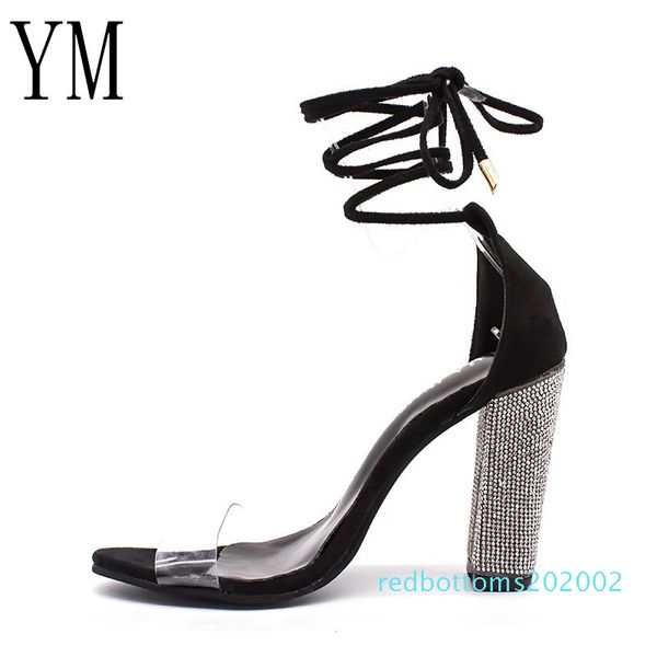 

3colour women heeled sandals bandage rhinestone ankle strap pumps super high square heels lady shoes big size 43 r02, Black