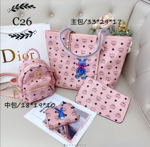 

2020 ladies wild handbag wallet classic ladies simple wild fashion shoulder bag pink three-piece leather crossbody bag backpack