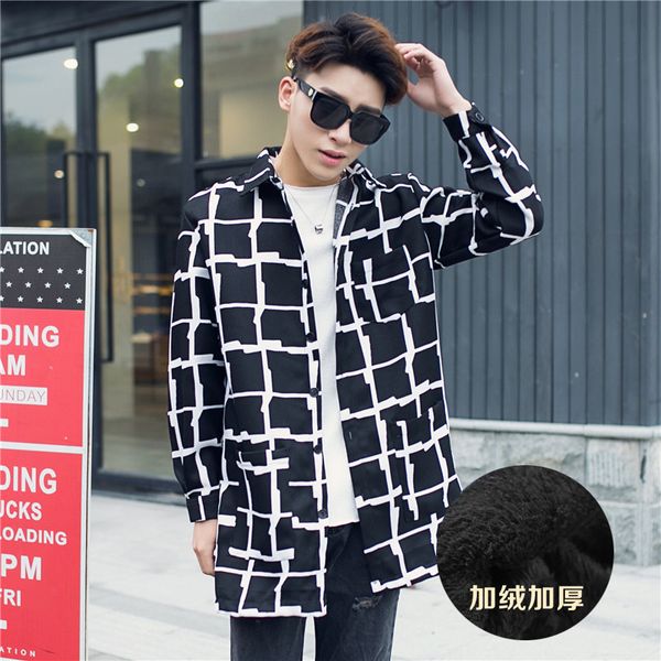 

autumn and winter new style teenager mid-length brushed and thick shirt trench coat, Tan;black