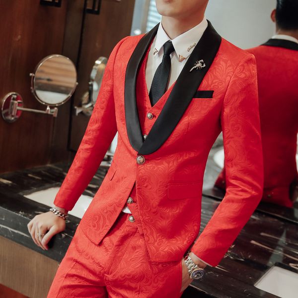 

new 2018 suits suit men's red three-piece suit wedding dress business casual slim nightclub career jacquard, White;black