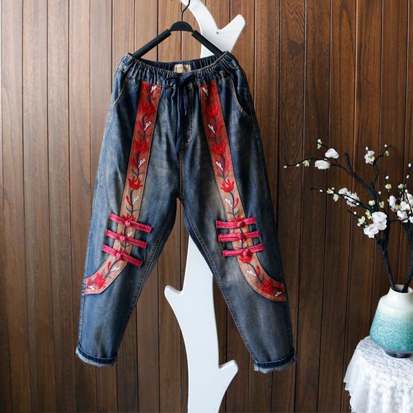 

ethic retro patchwork plate button flowers jeans woman female elastic waist loose casual washed denim pants harem trousers fall, Blue