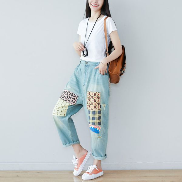 

women's jeans vintage personality patch large size was thin straight casual harlan fashion pure cotton sell causal all matched pants, Blue