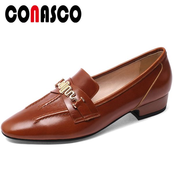 

conasco spring classic women cow leather loafers shoes office casual metal chain solid color low heel slip-on shoes woman, Black