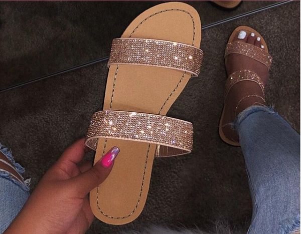 

2020 new fashion women slippers summer crystal flat sandals woman bling bling slides rhinestone shoes casual feminina sandalia, Black