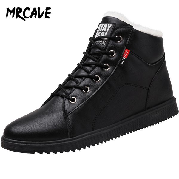 

mrcave 2019 autumn winter pu leather ankle snow men boots shoes with plush warm male casual boot sneakers, Black