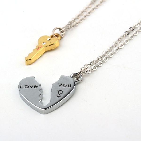 

2pcs/set love key heart pendant necklaces for womens men lovers' couple jewelry broken heart necklace valentine gift n1362, Silver