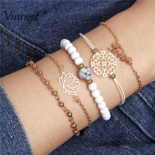

5 pcs/ set women bracelets charm carving flower lotus beads chain gold multilayer bracelets female personality accessories, Black