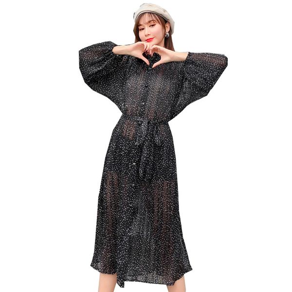 

qing mo fashion brand black women chiffon dress 2020 women dot printed dress female stand neck pleated slim zqy2752, Black;gray