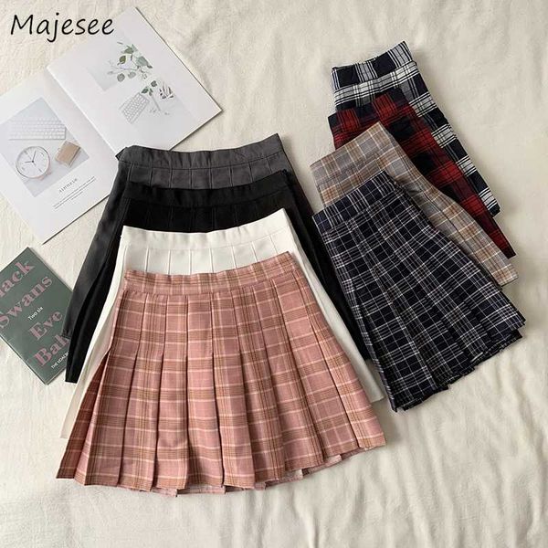 

mini skirts women plaid pleated high waist vintage simple all-match womens clothing daily chic japanese style harajuku kawaii, Black