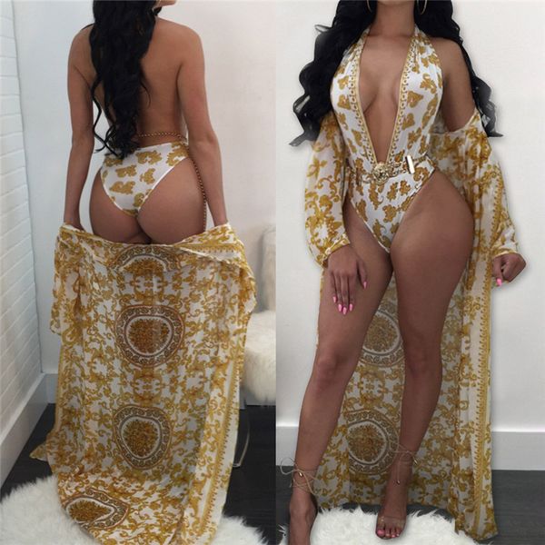 

european and american digital printed swimsuit long sleeve coat halter neck female one-piece beach swimsuit set