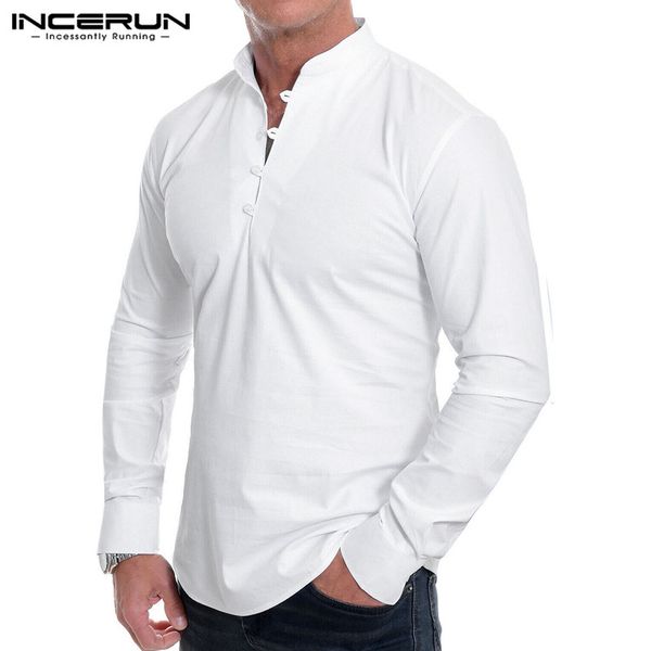 

incerun solid color men casual shirts cotton fitness 2019 button stand collar long sleeve brand shirts vintage camisa masculina, White;black